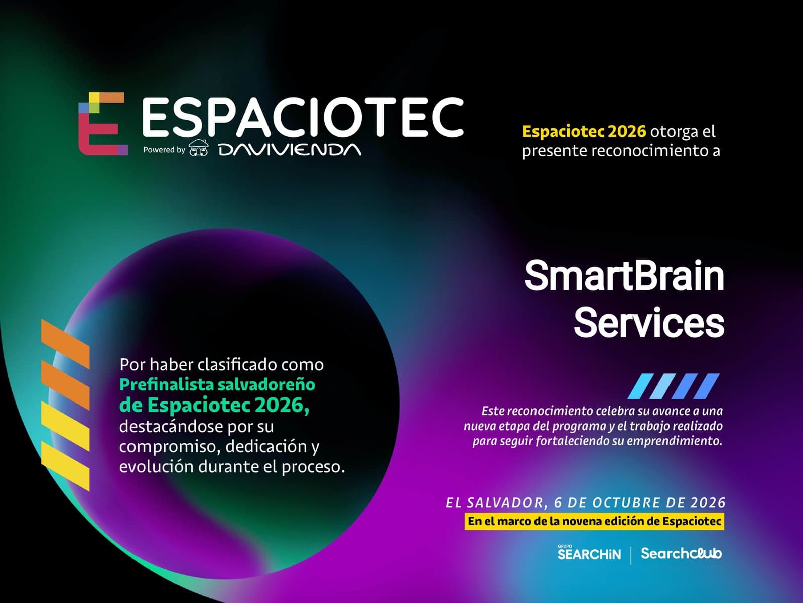 Reconocimiento de Espaciotec 2026 a SmartBrain Services por haber clasificado como Prefinalista salvadoreño